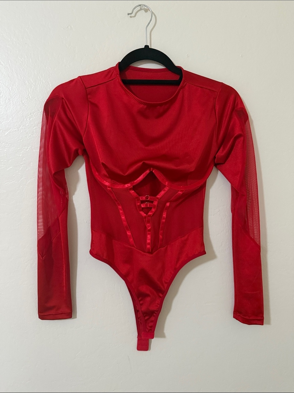 Red Sheer Corset-Style Long Sleeve Bodysuit. New without tags (NWOT) - Picture 3 of 7